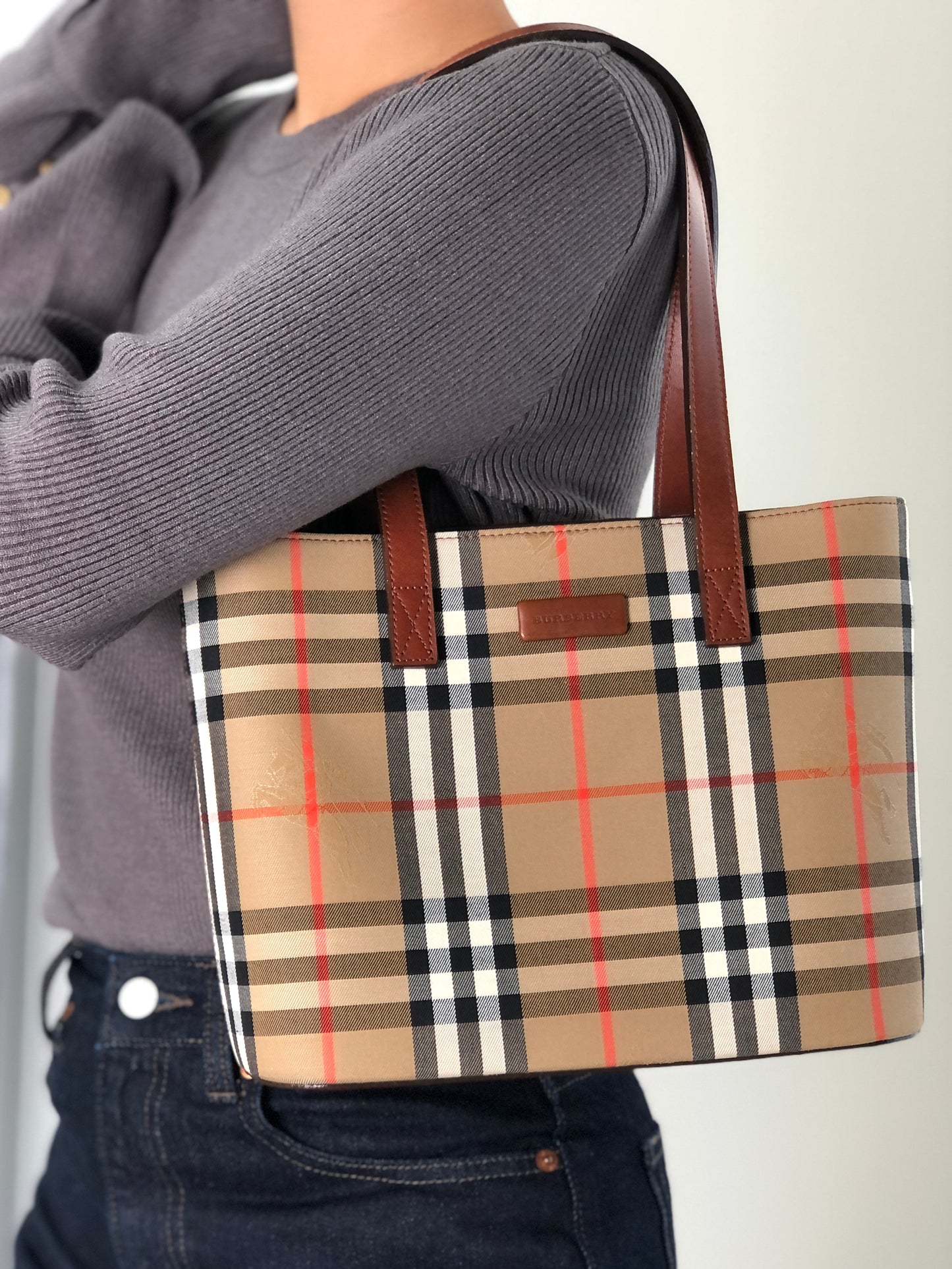 BURBERRY Nova Check Handbag Totebag Beige Vintage bc7gmg
