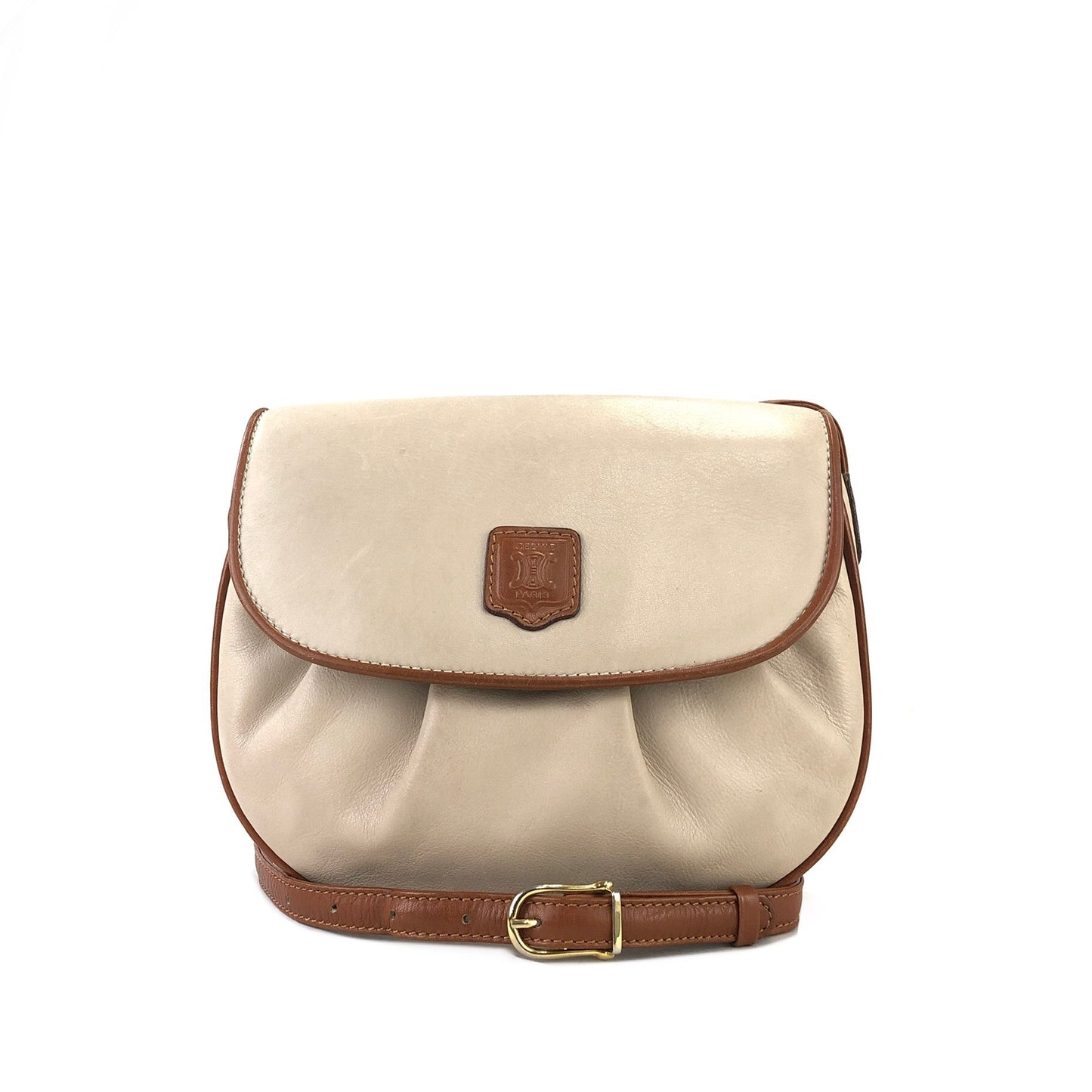 CELINE Blason Shirring Shoulder bag Ivory Vintage Old CELINE vatnr3