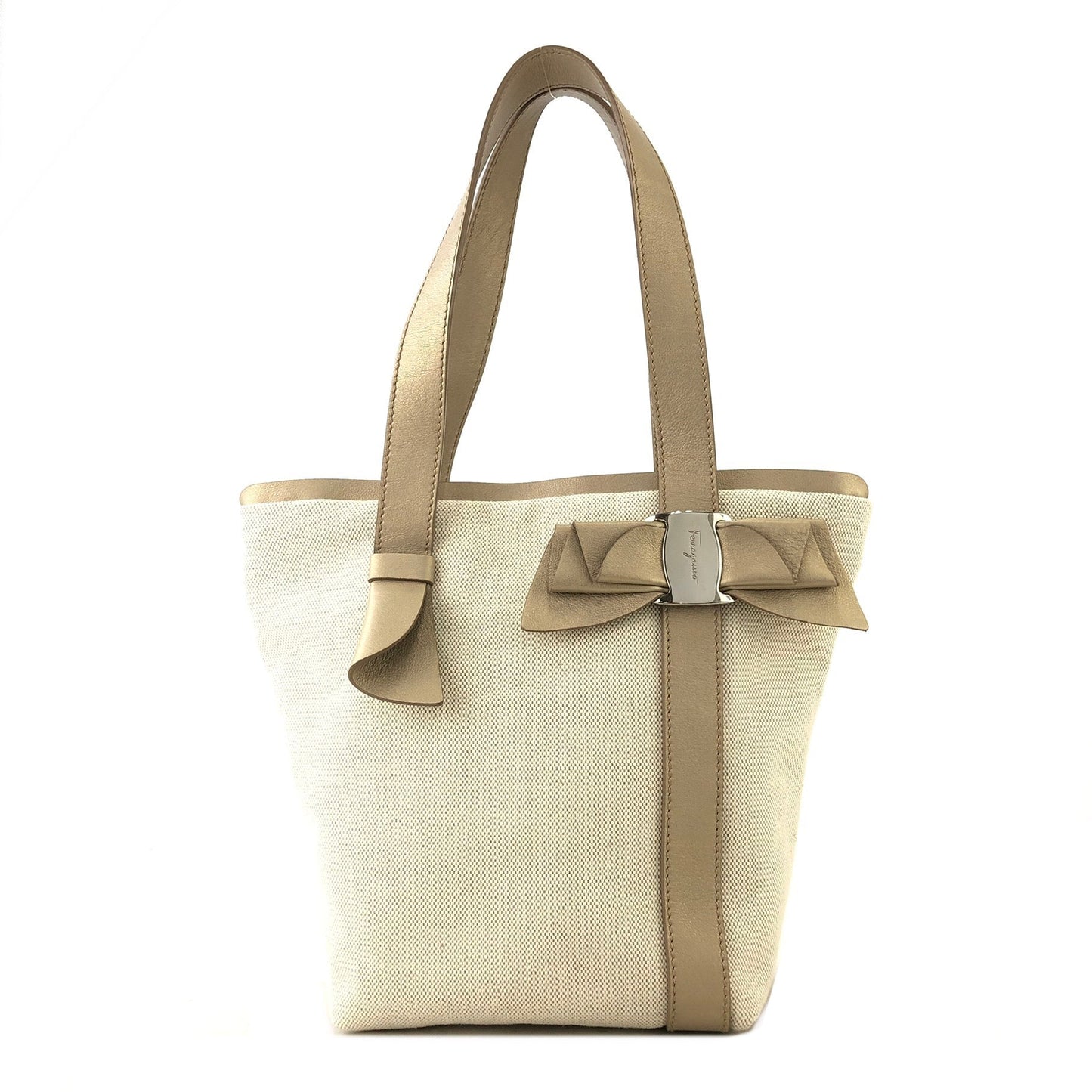 Salvatore Ferragamo Vala Ribbon Canvas Handbag Totebag Beige Vintage Old gcyi7z