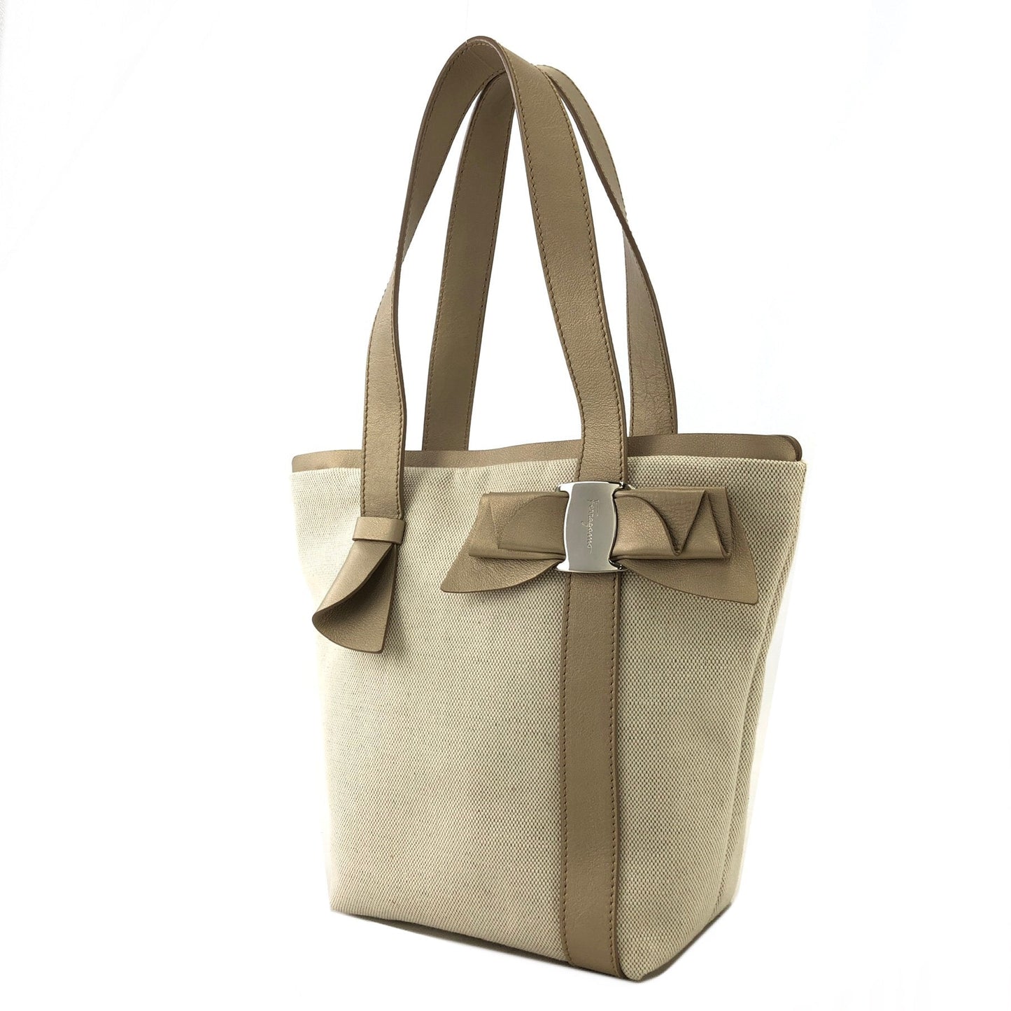Salvatore Ferragamo Vala Ribbon Canvas Handbag Totebag Beige Vintage Old gcyi7z