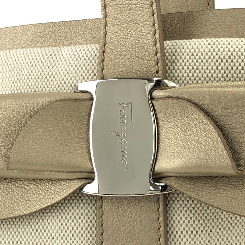 Salvatore Ferragamo Vala Ribbon Canvas Handbag Totebag Beige Vintage Old gcyi7z