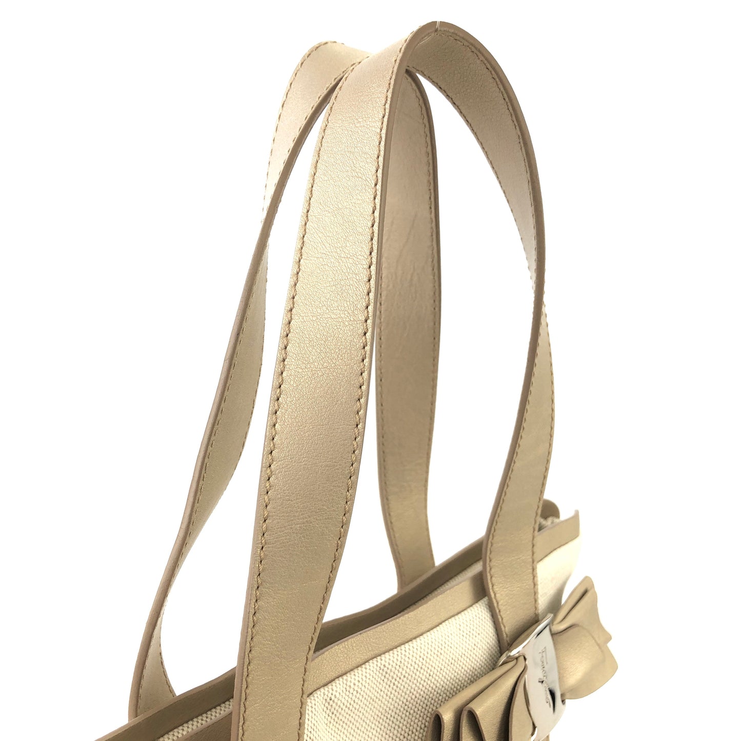 Salvatore Ferragamo Vala Ribbon Canvas Handbag Totebag Beige Vintage Old gcyi7z