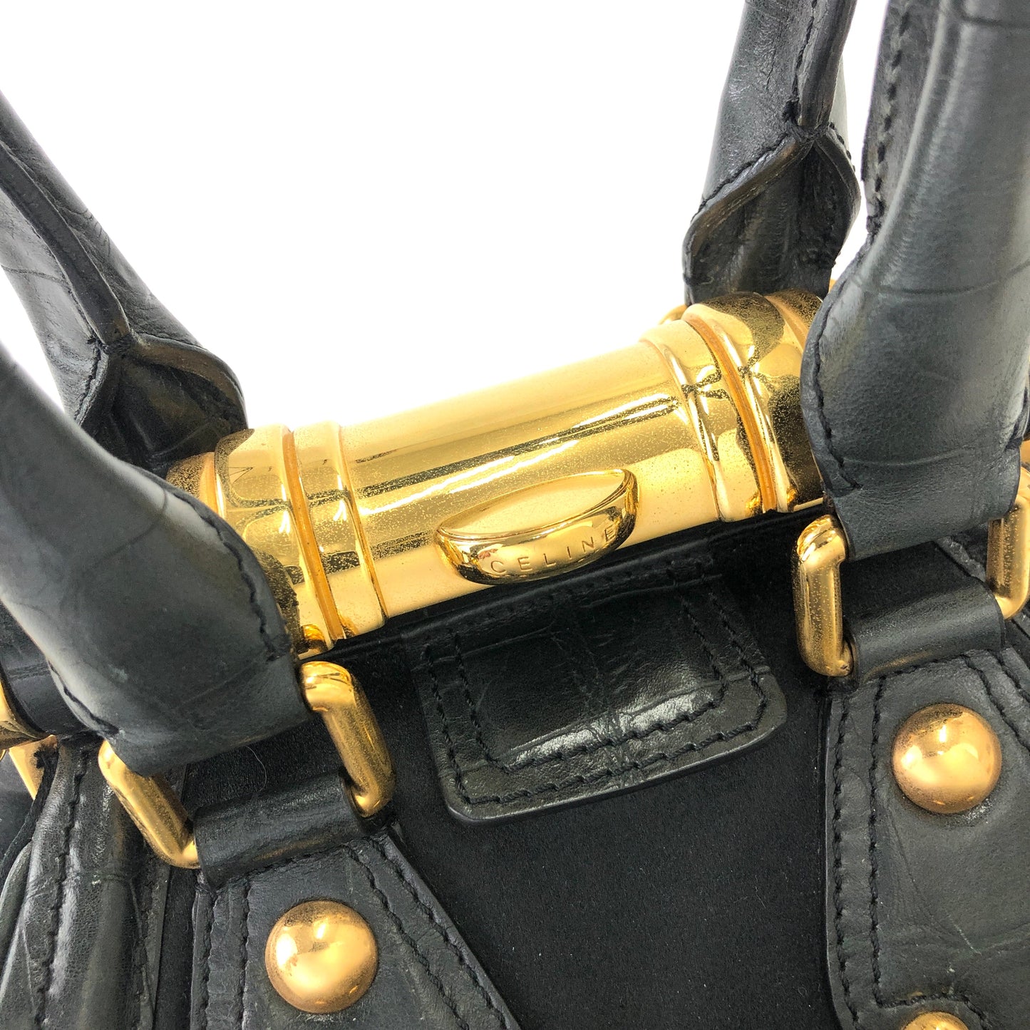 CELINE Triomphe Crocodile embossed Satin Clasp Handbag Black Vintage Old CELINE whwc45