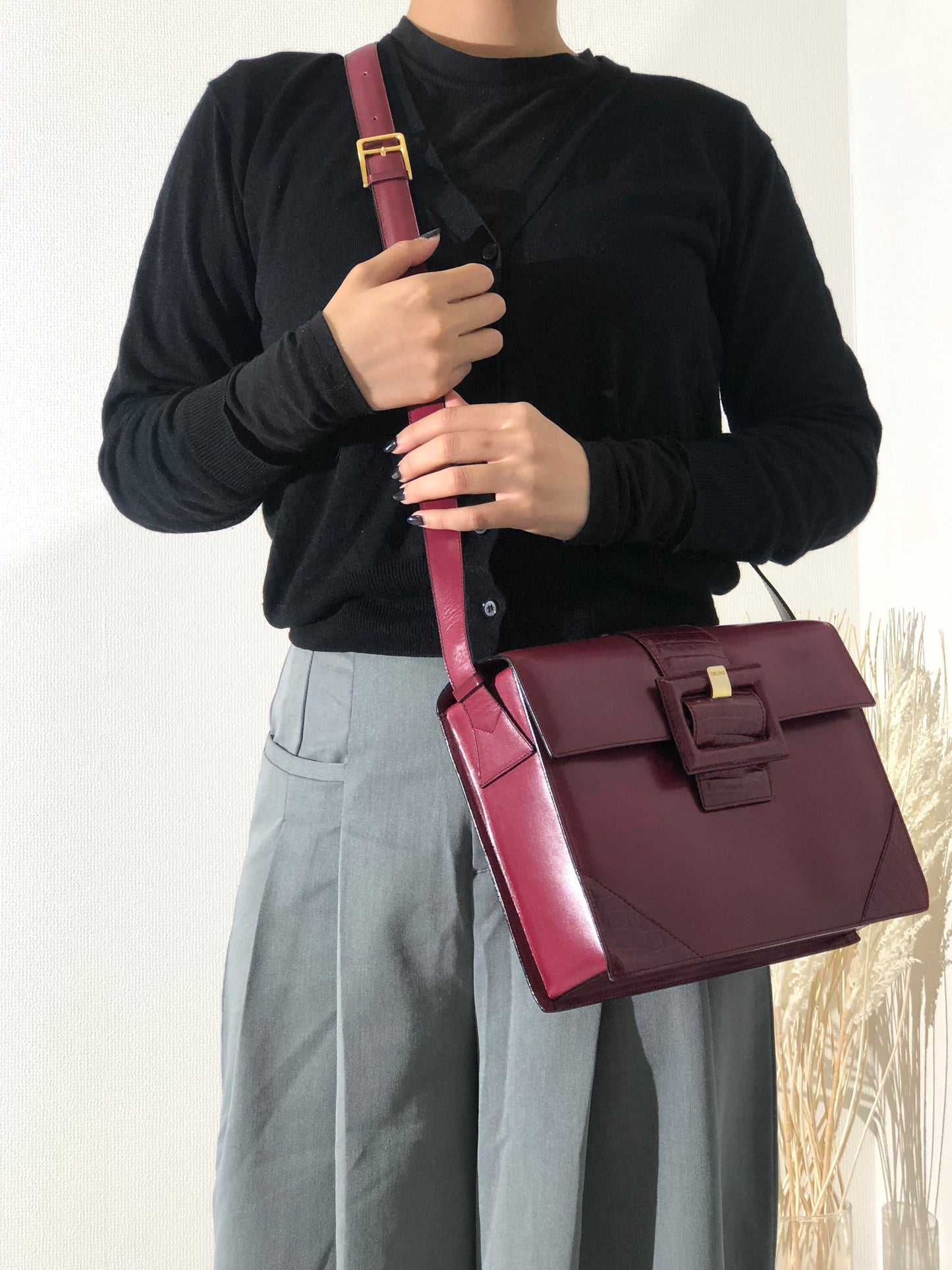 CELINE Front Buckle Crossbody Box Shoulder bag Wine red Vintage Old CELINE wvxw4y