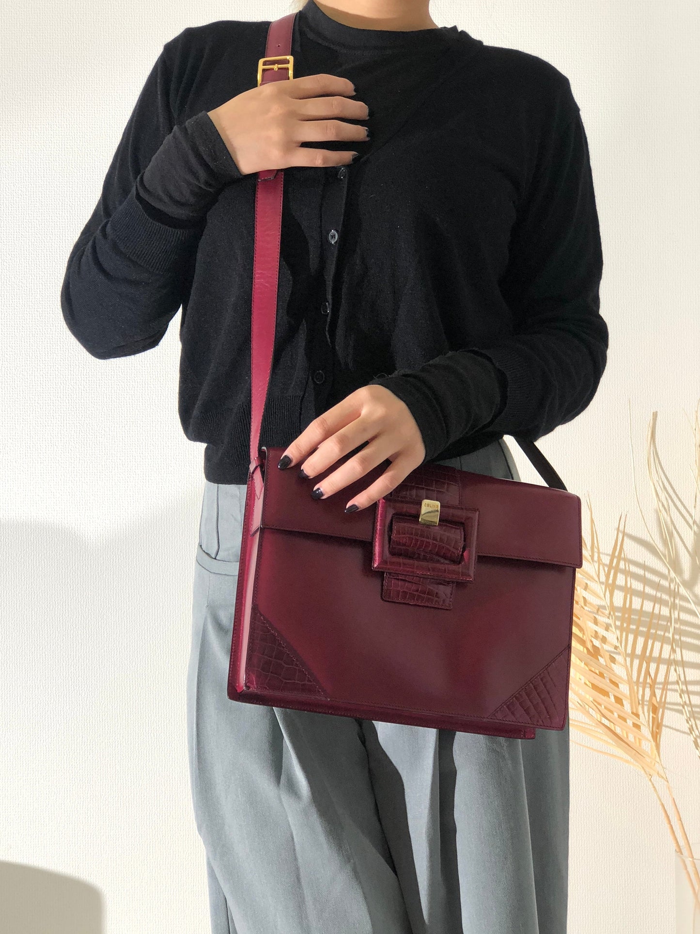CELINE Front Buckle Crossbody Box Shoulder bag Wine red Vintage Old CELINE wvxw4y