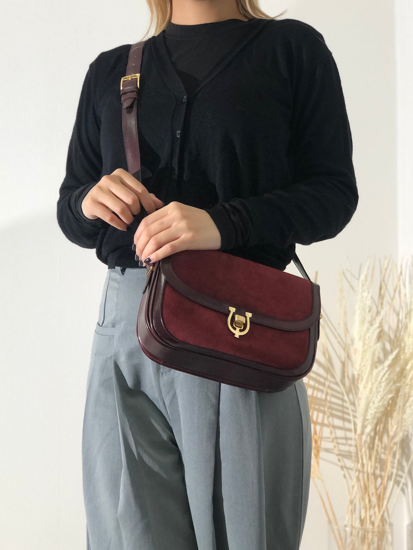 CELINE Triomphe Horseshoe Suede Leather Shoulder bag Bordeaux vintage old Celine rxbz24