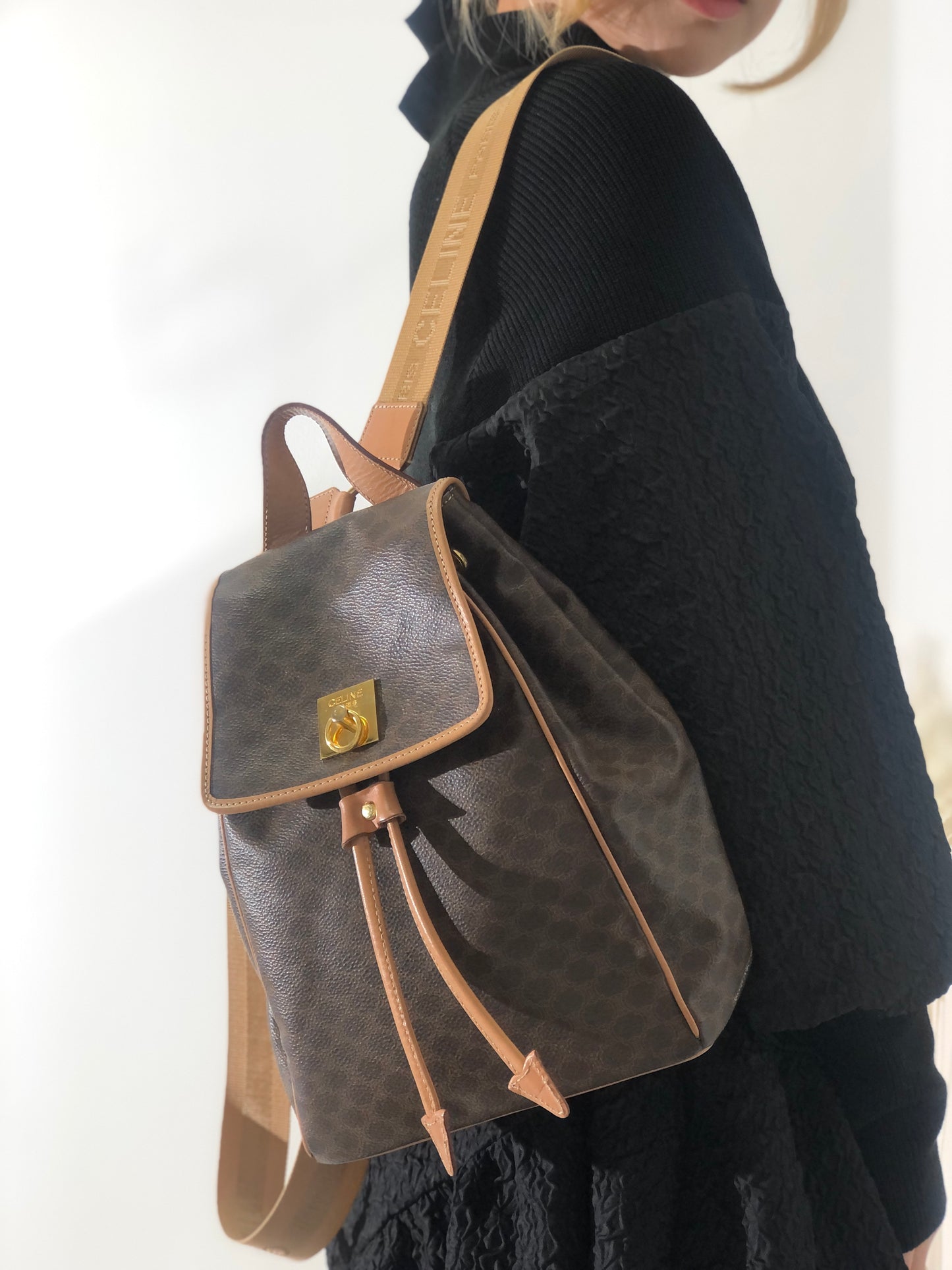 CELINE Macadam Gancini Logo Motif Leather Backpack Brown Vintage hcykdd
