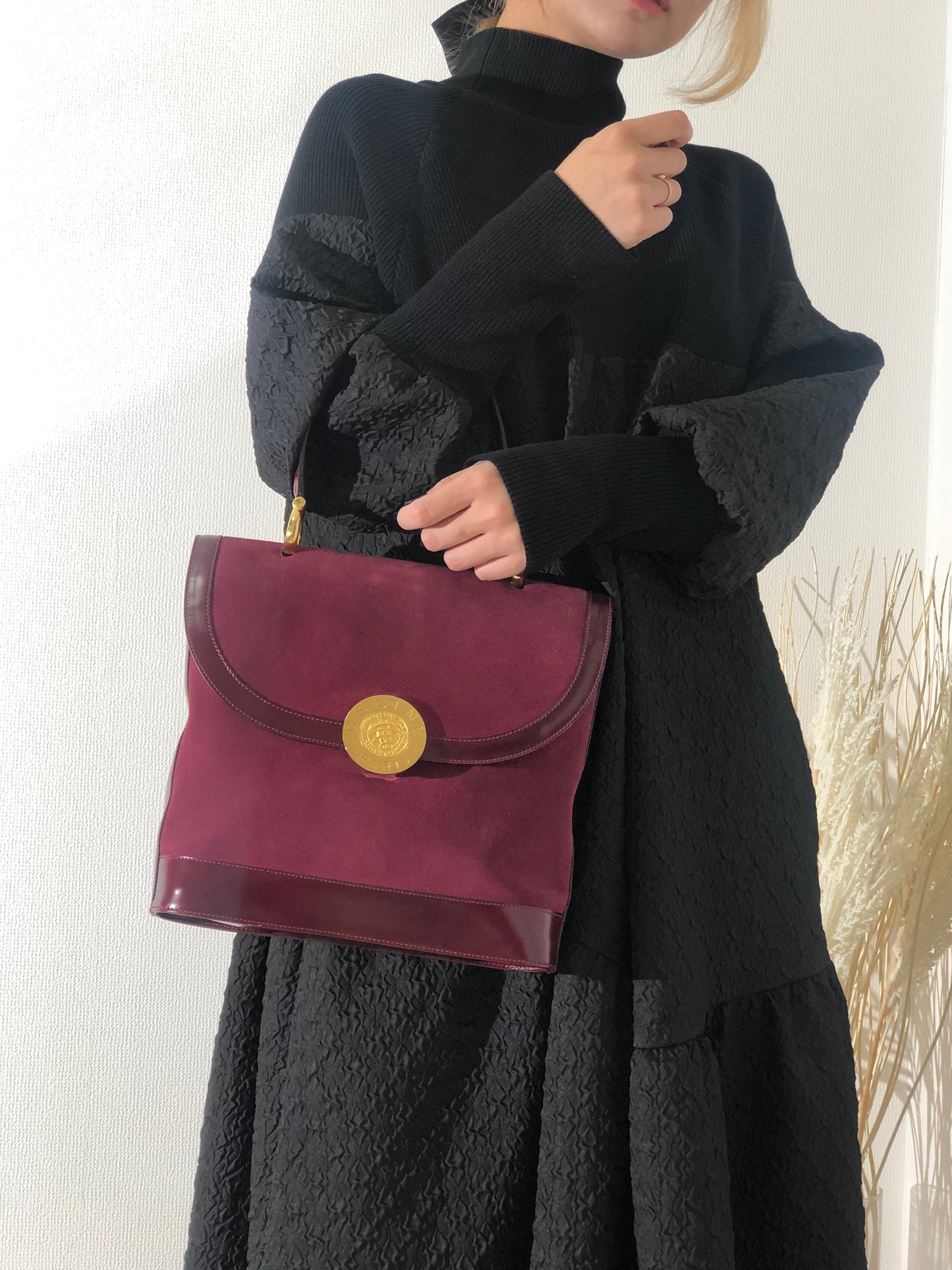 CELINE medal motif suede handbag Bordeaux vintage old Celine jijb28
