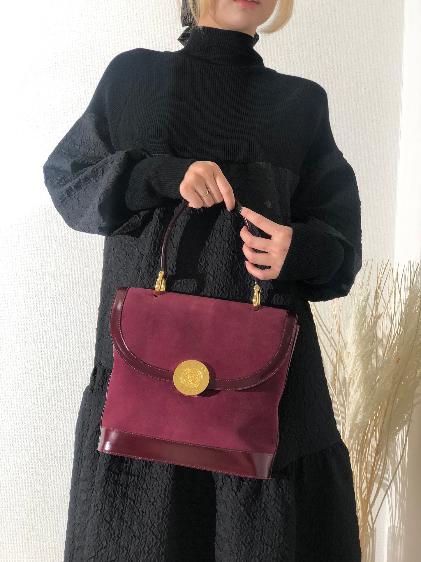 CELINE medal motif suede handbag Bordeaux vintage old Celine jijb28