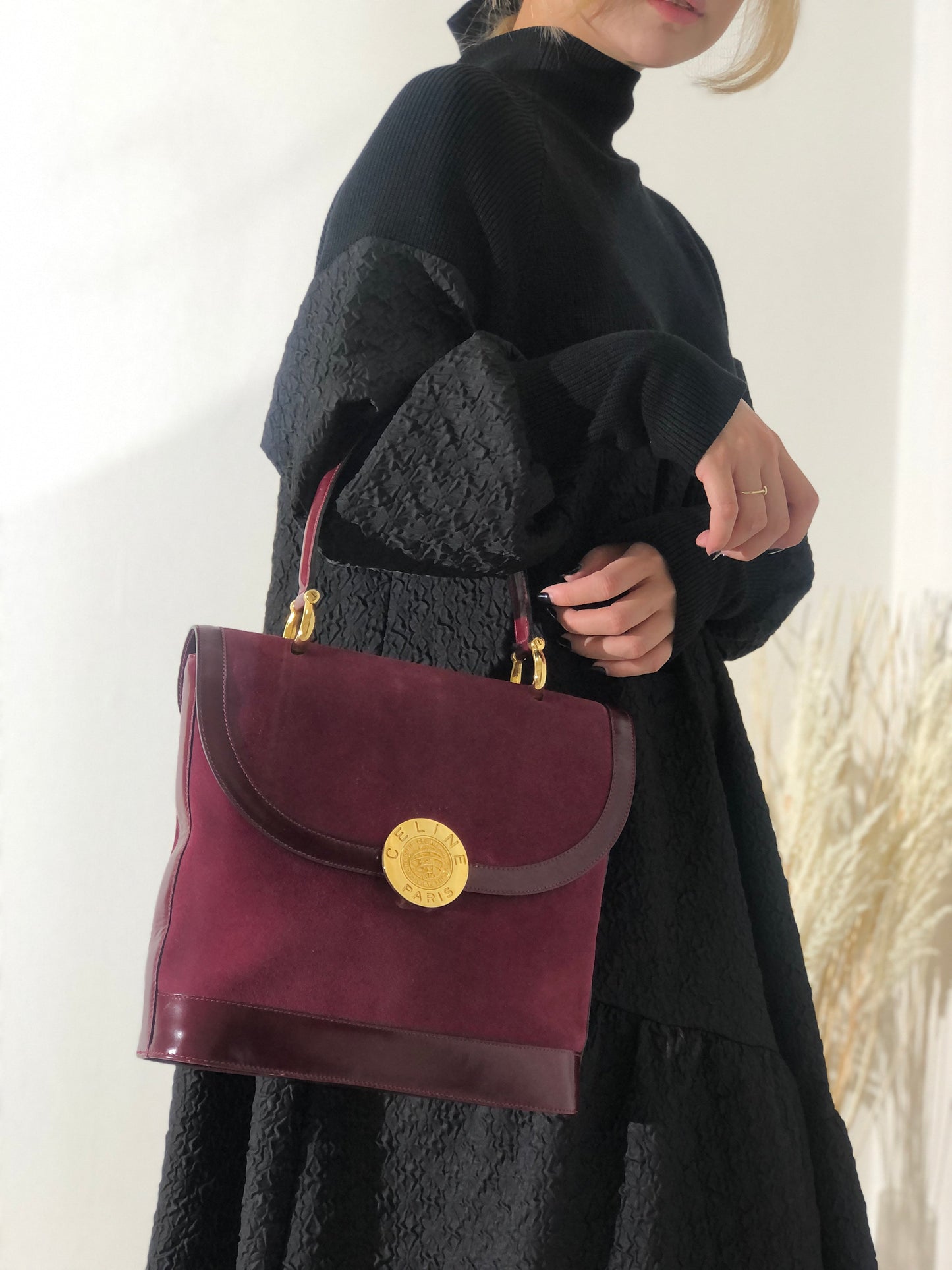 CELINE medal motif suede handbag Bordeaux vintage old Celine jijb28