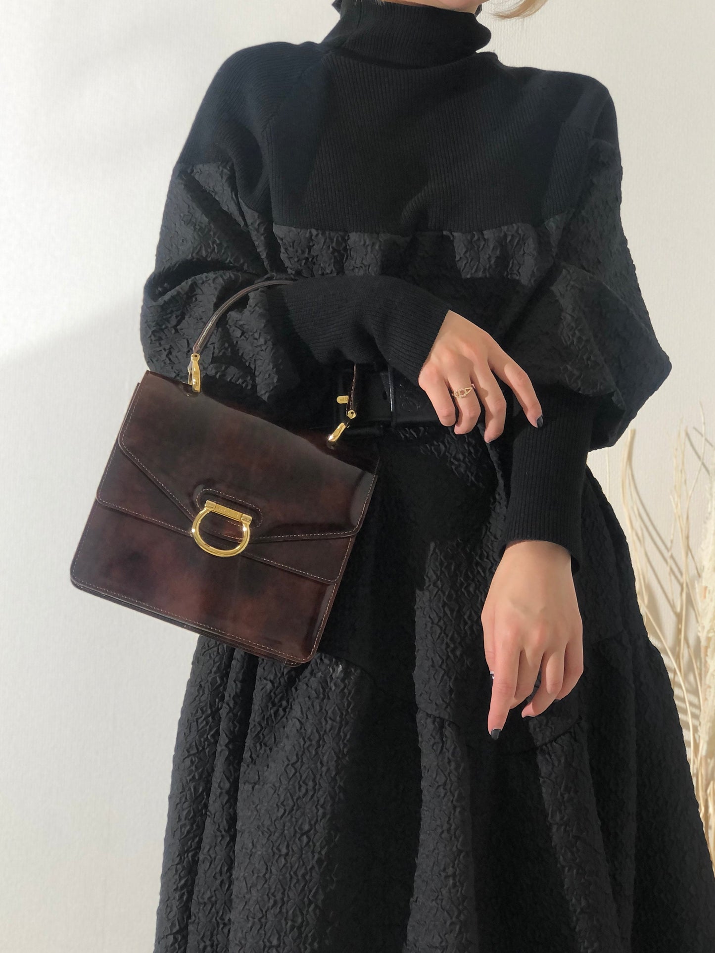 CELINE Gancini 雙翻蓋玳瑁漆皮手提包棕色復古 OldCELINE pb5ea5