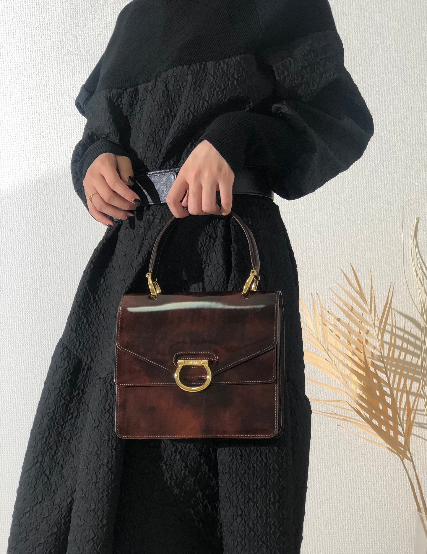CELINE Gancini 雙翻蓋玳瑁漆皮手提包棕色復古 OldCELINE pb5ea5
