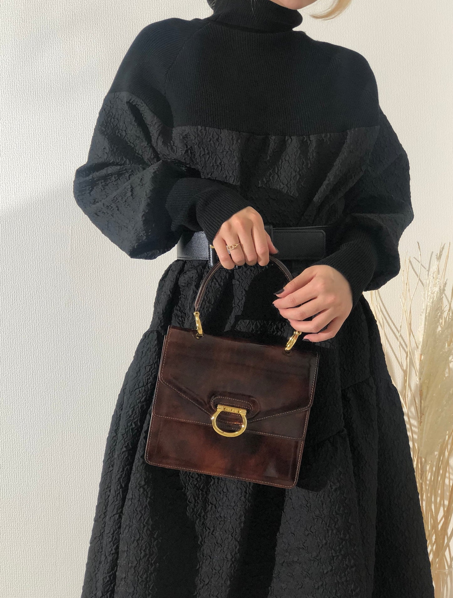 CELINE Gancini 雙翻蓋玳瑁漆皮手提包棕色復古 OldCELINE pb5ea5