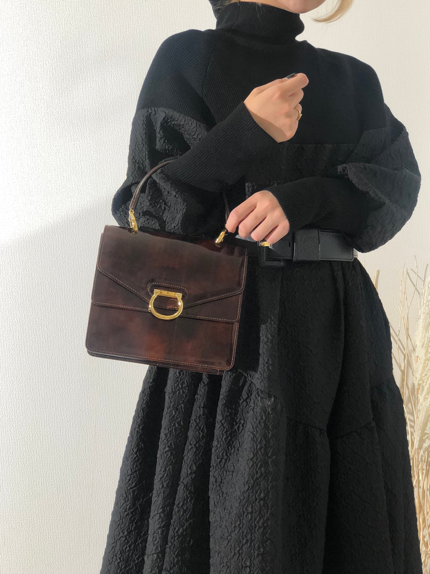 CELINE Gancini 雙翻蓋玳瑁漆皮手提包棕色復古 OldCELINE pb5ea5