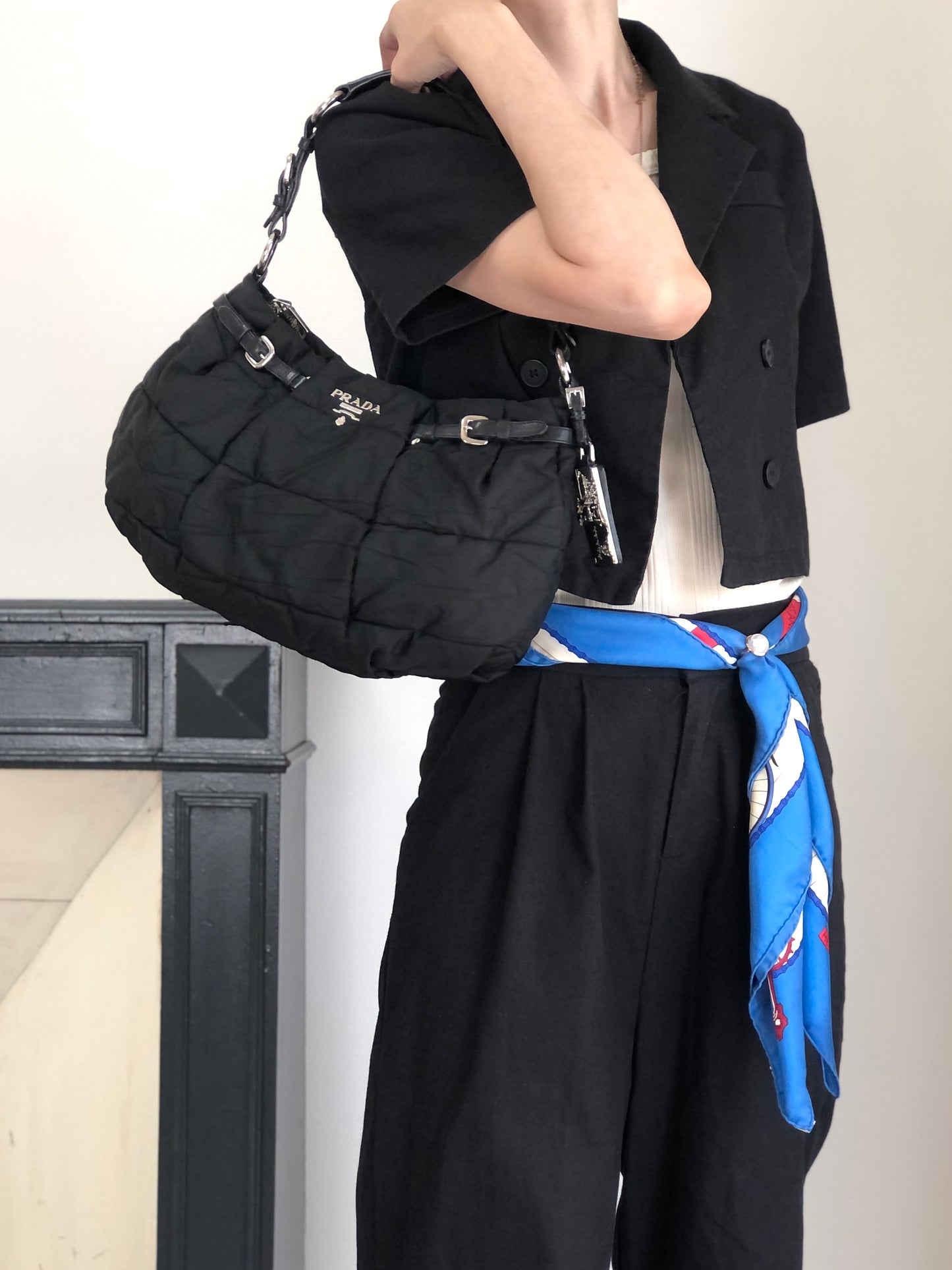 PRADA Logo Shoulder bag Hobobag Black Vintage kut77d