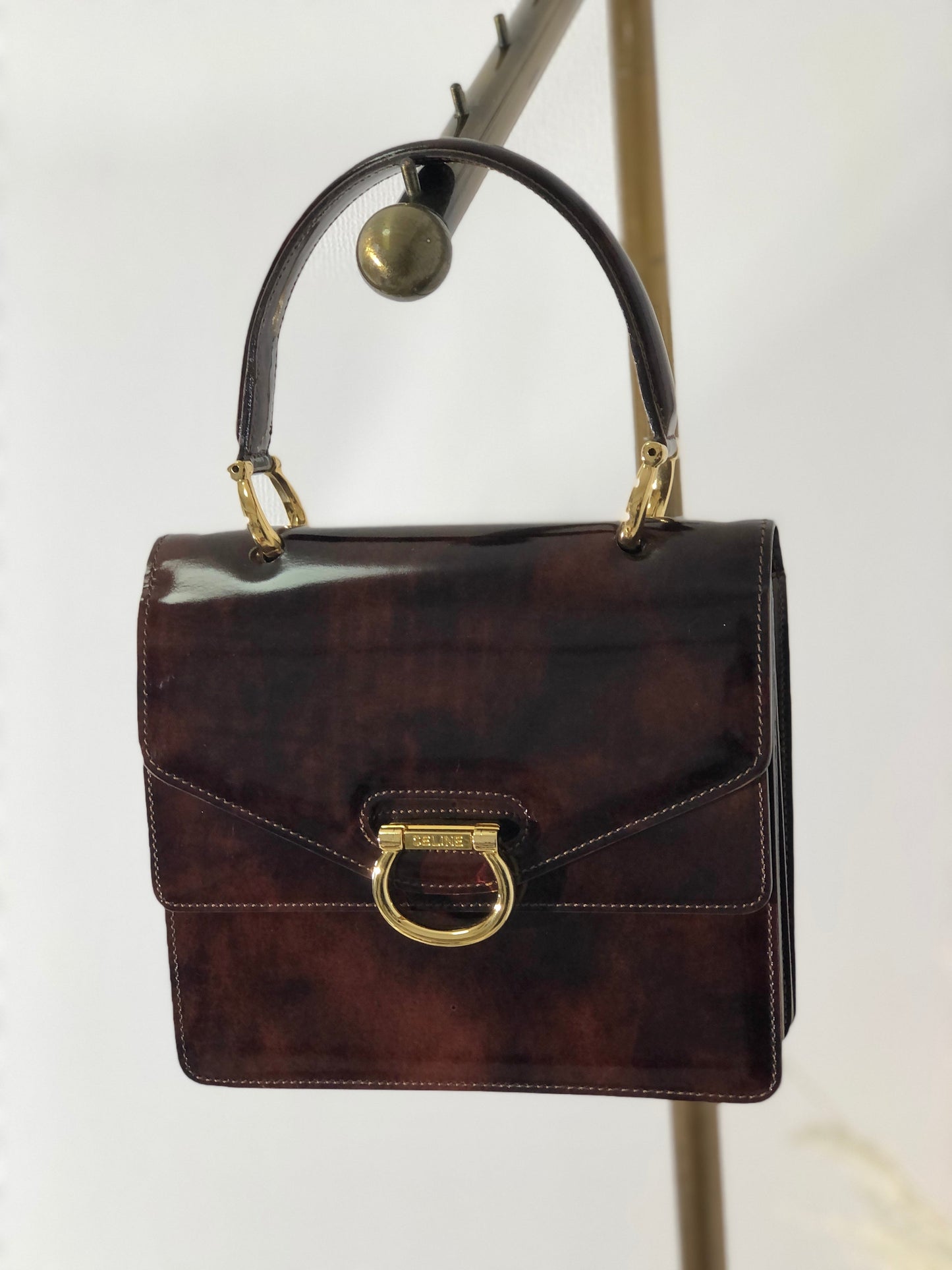 CELINE Gancini 雙翻蓋玳瑁漆皮手提包棕色復古 OldCELINE pb5ea5