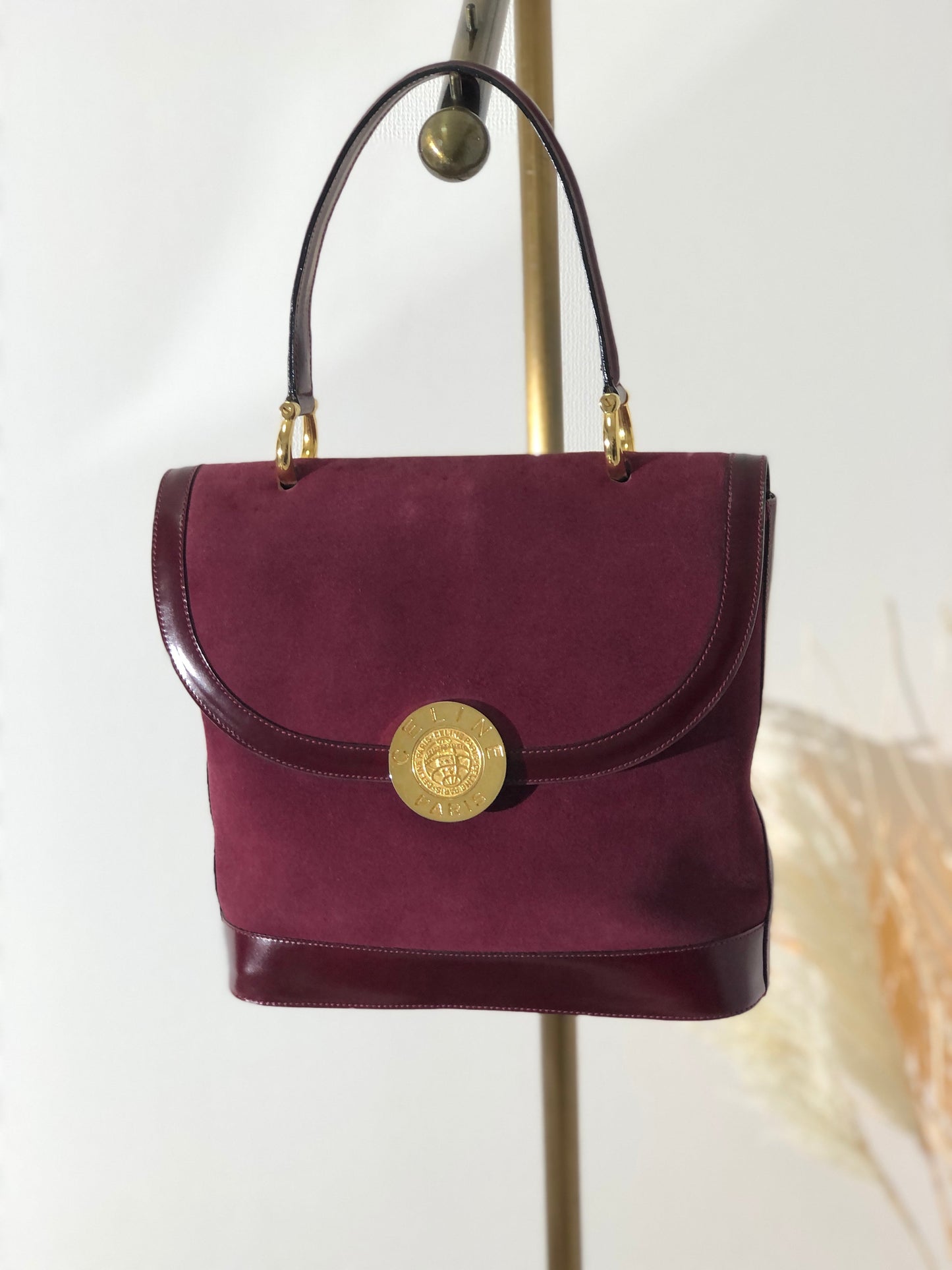 CELINE medal motif suede handbag Bordeaux vintage old Celine jijb28