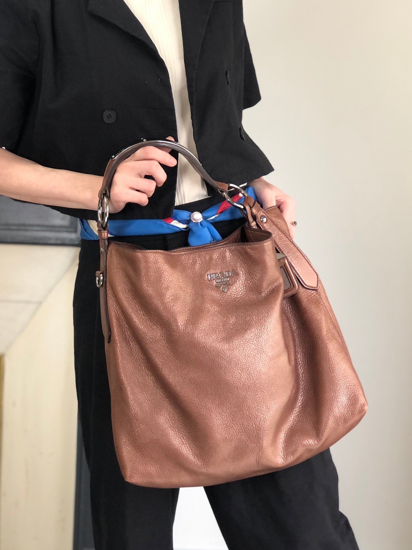 PRADA Logo Shoulder bag Hobobag Brown Vintage ufndas