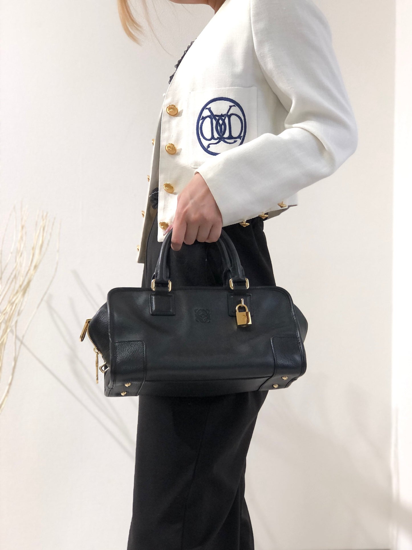 LOEWE Amazona 28 Anagram Leather Bostonbag Handbag Black Vintage f3cwxt