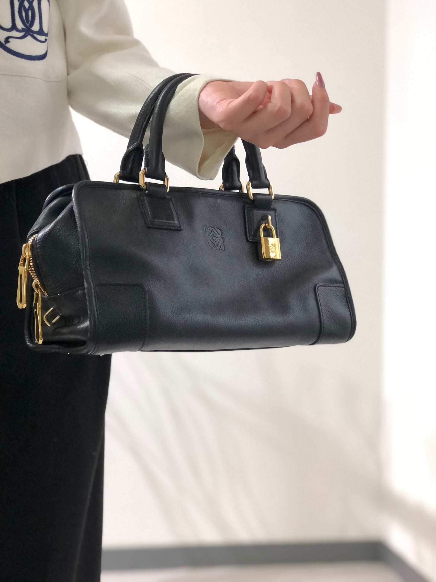 LOEWE Amazona 28 Anagram Leather Bostonbag Handbag Black Vintage f3cwxt