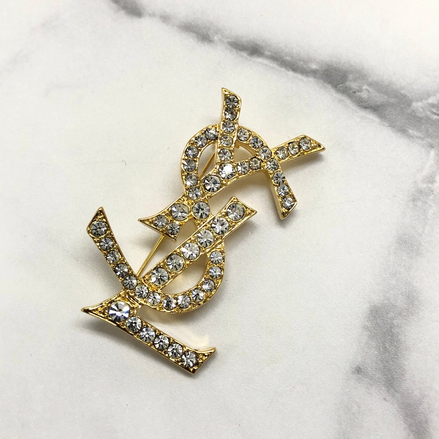 Yves Saint Laurent Cassandra Logo Stone Brooch Gold Accessory mhbdcd