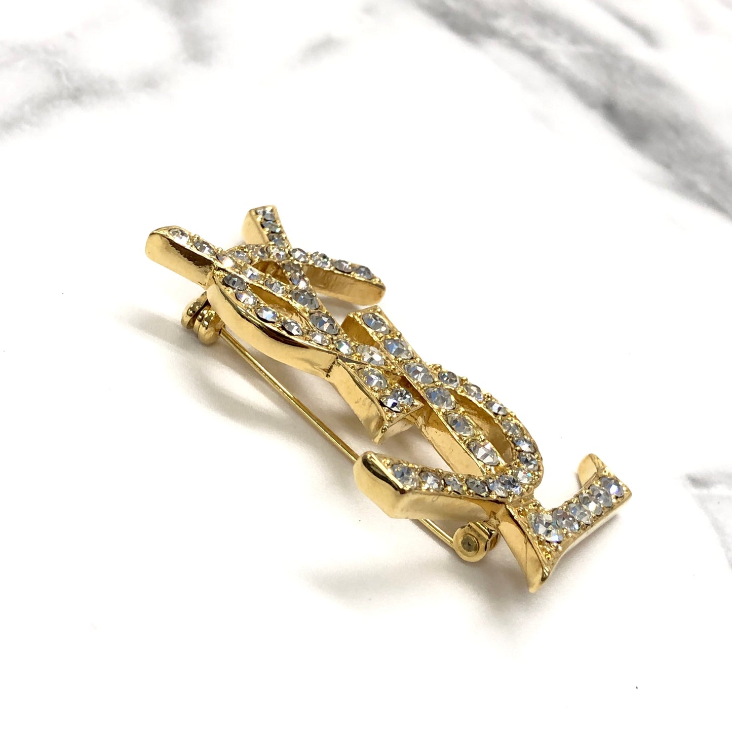 Yves Saint Laurent Cassandra Logo Stone Brooch Gold Accessory mhbdcd
