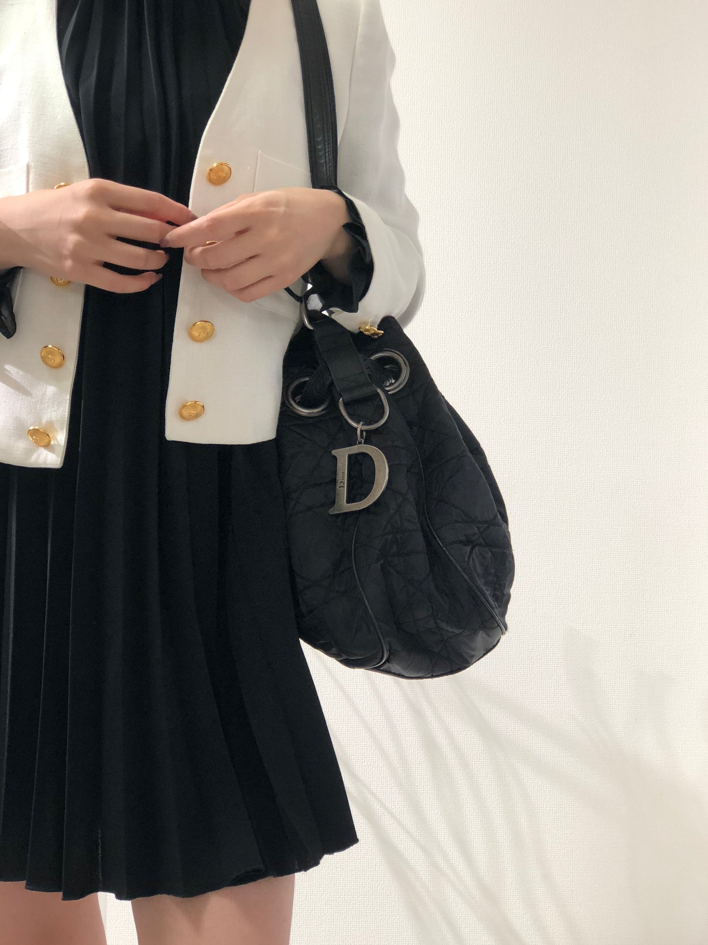 Christian Dior Cannage dior D Charm Nylon Drawstring Shoulder bag Black Vintage Old uetep7