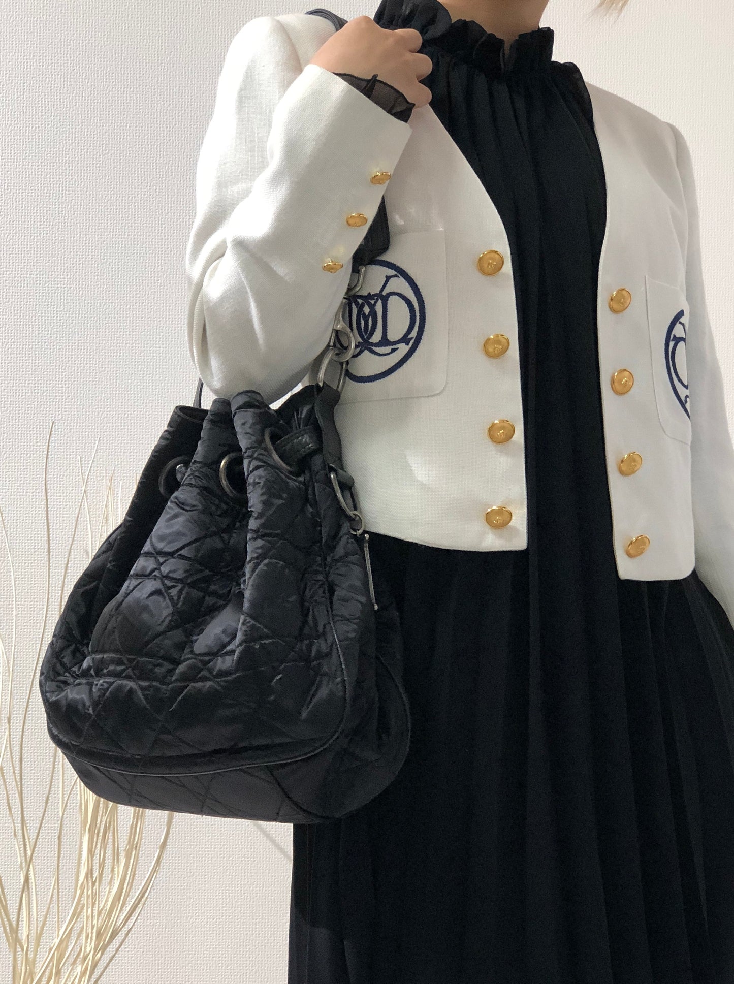 Christian Dior Cannage dior D Charm Nylon Drawstring Shoulder bag Black Vintage Old uetep7