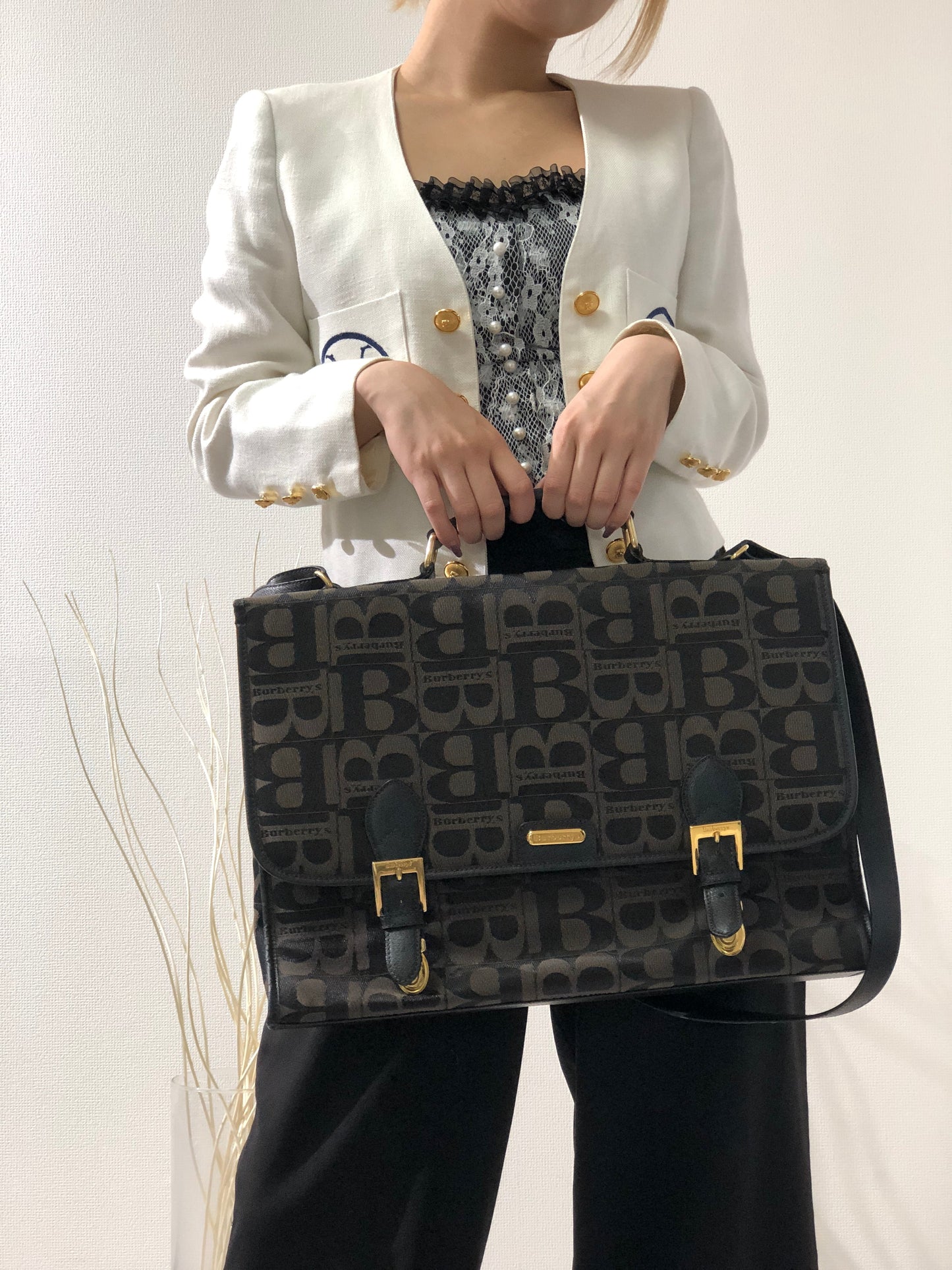 Burberry's Blogo 提花兩用挎包肩背包黑色復古舊款 a88ihp