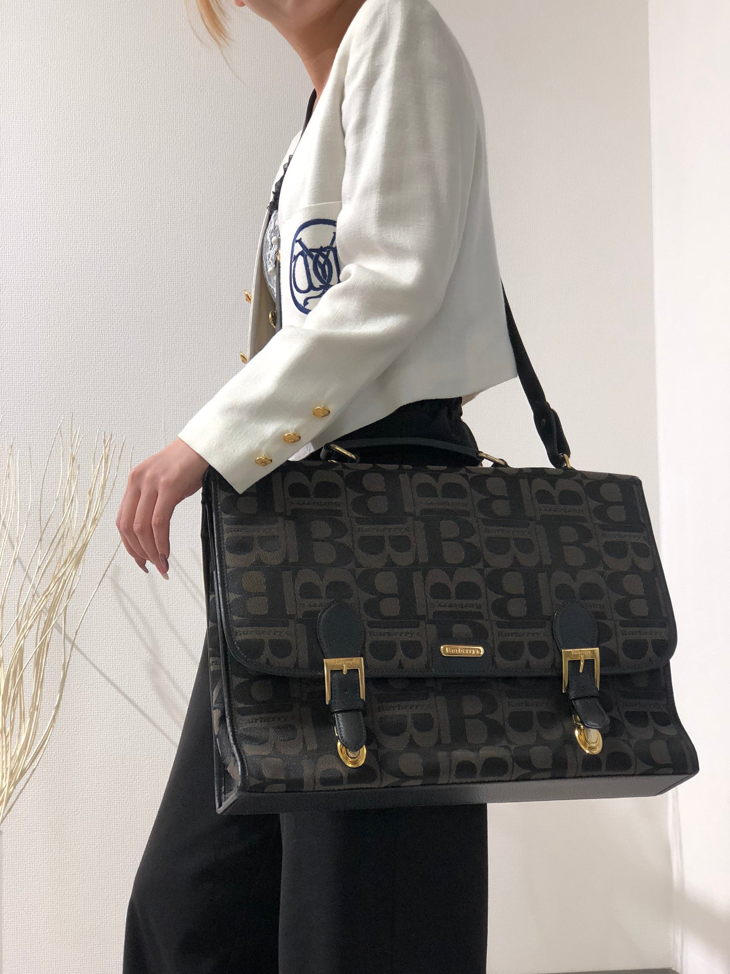 Burberry's Blogo 提花兩用挎包肩背包黑色復古舊款 a88ihp