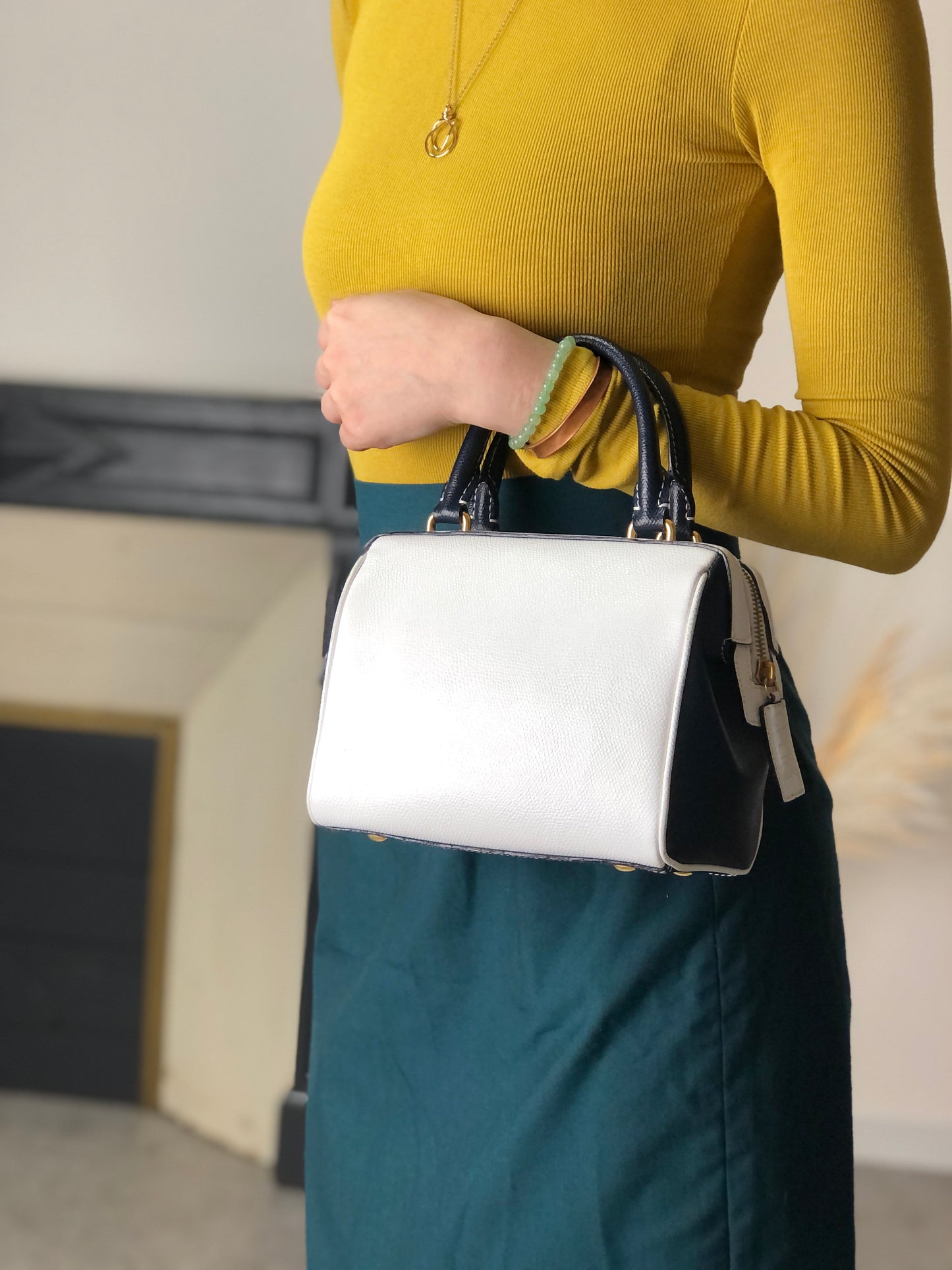 CELINE Two-way Small Boston bag Shoulder bag White×Navy Vintage gbtb54