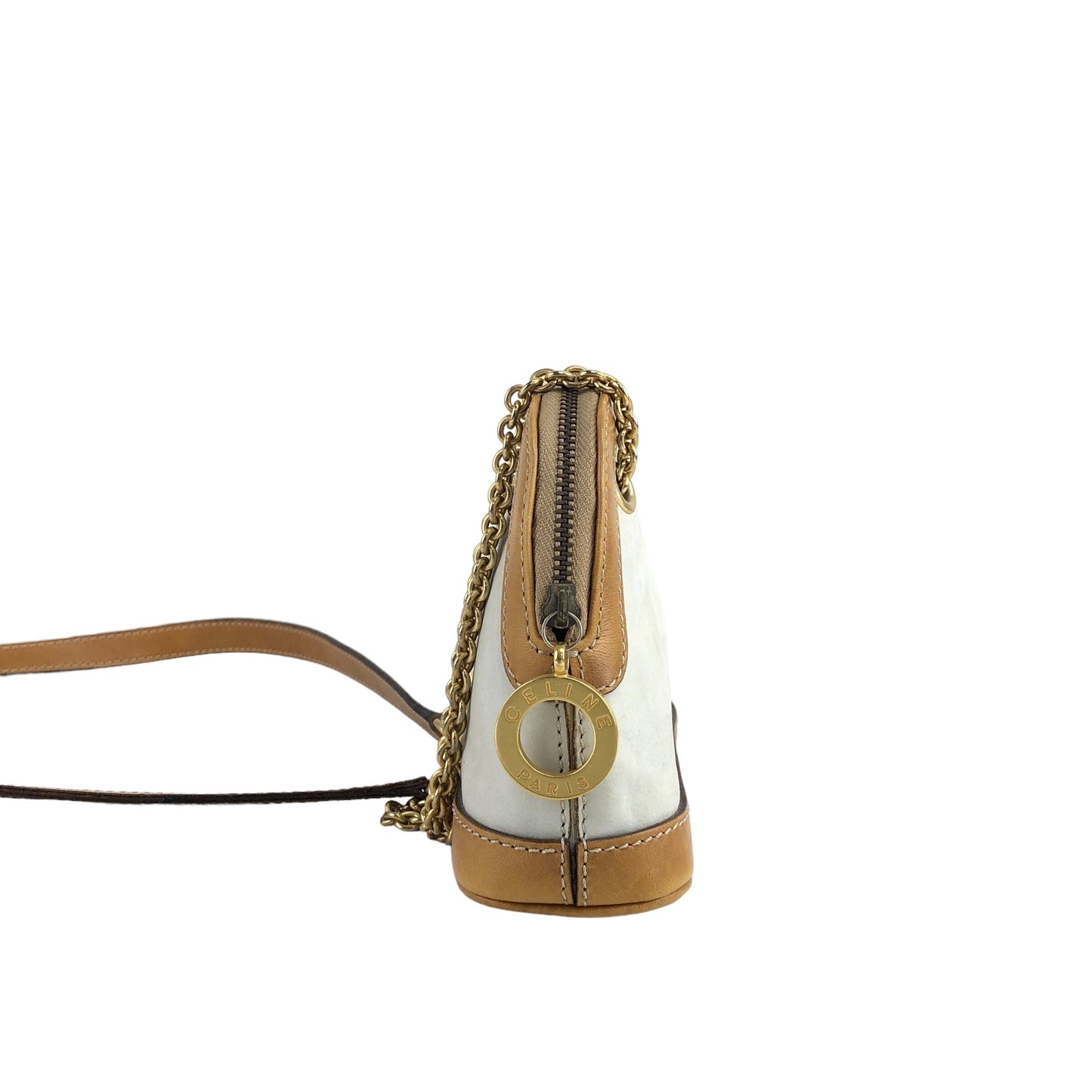 CELINE Circle Logo Charm Metal Clasp Chain Shoulder bag Beige Vintage 2aechi