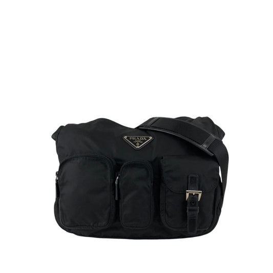 PRADA Tessuto Triangle Logo Front Pocket Shoulder bag Black Vintage 5ia535