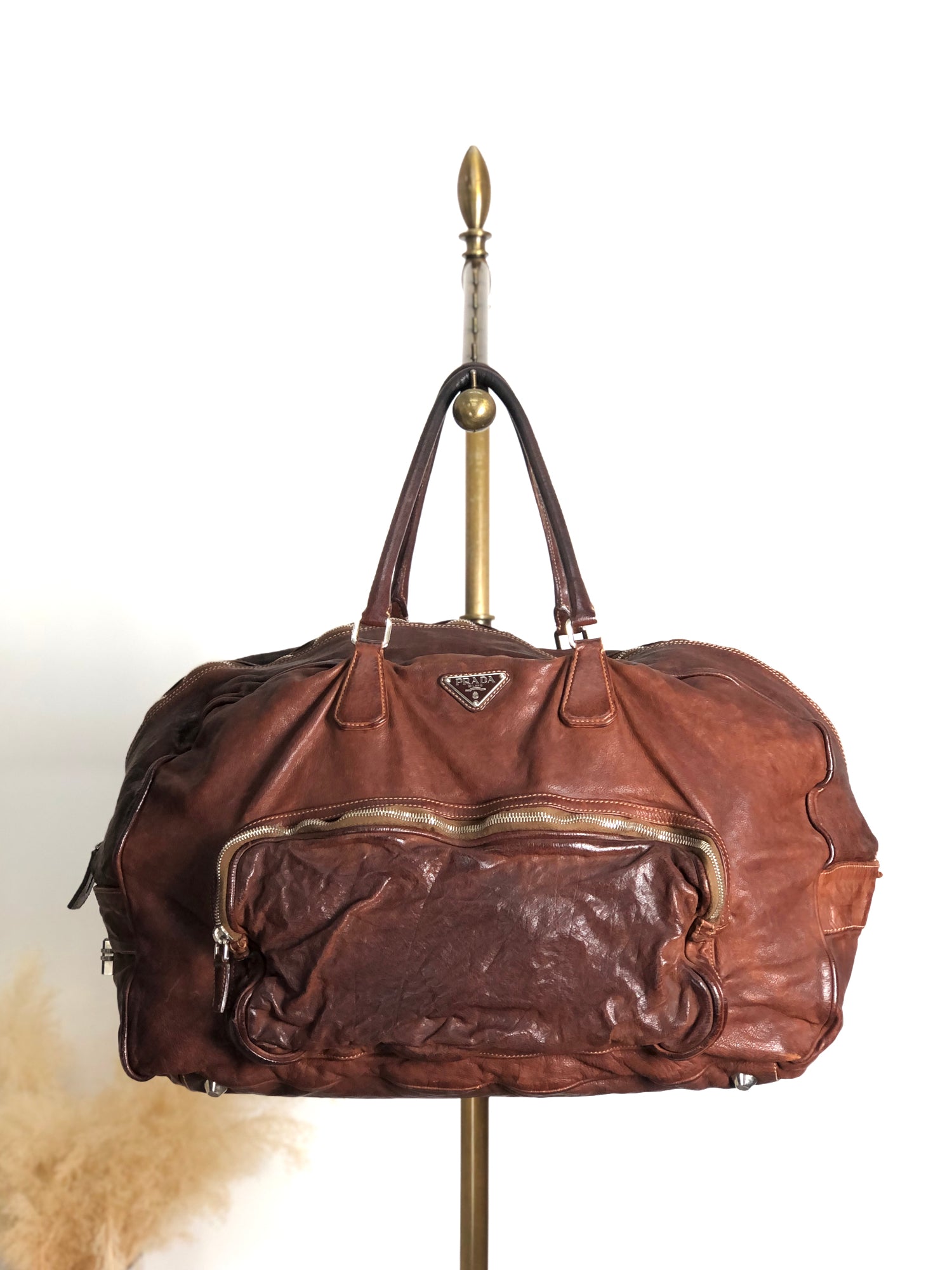 PRADA Triangle Logo Handbag Boston bag Washed leather Brown