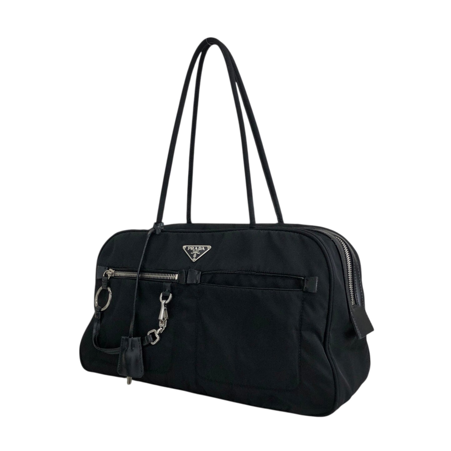 PRADA Triangle Logo Padlock Small Boston bag Handbag Black Vintage a5w87e