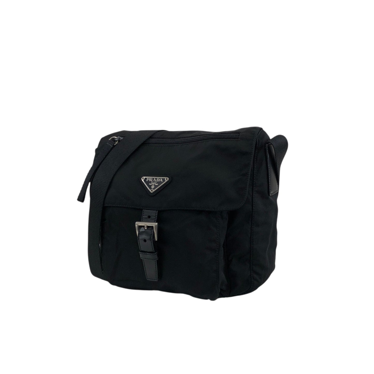 PRADA Tessuto Triangle Logo Front Buckle Shoulder bag Black Vintage g8uwx8