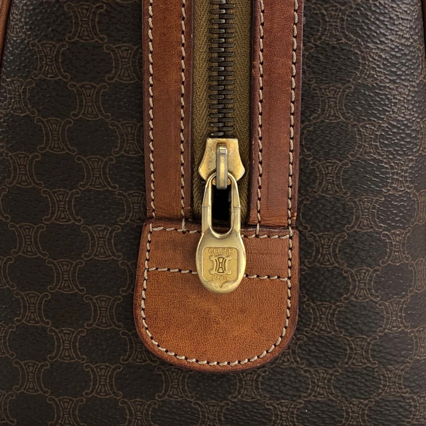 CELINE Macadam Blason Small Boston bag Handbag Brown Vintage akh2uk