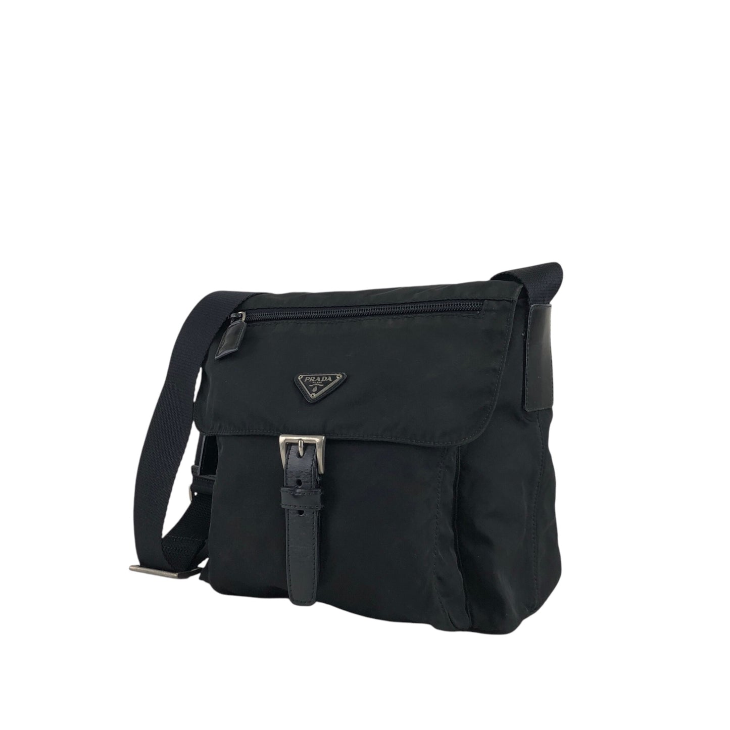 PRADA Triangle Logo Front Buckle Shoulder bag Black Vintage uiz535