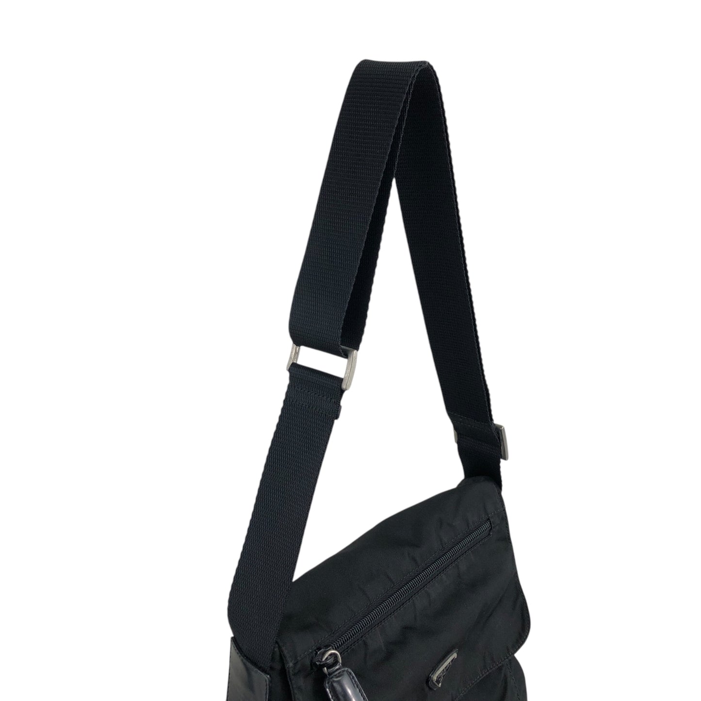 PRADA Triangle Logo Front Buckle Shoulder bag Black Vintage uiz535