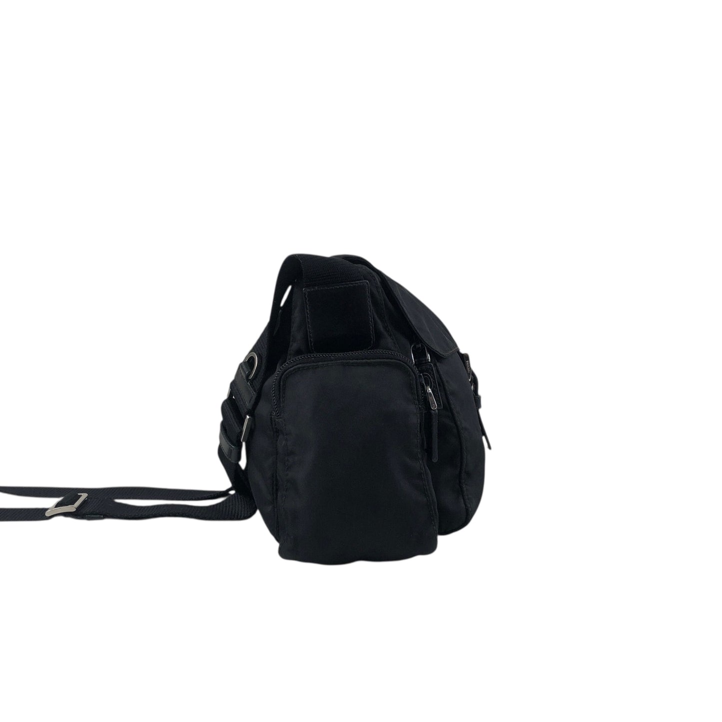 PRADA Tessuto Triangle Logo Front Buckle Side Pocket Shoulder bag Black Vintage 5whkzb
