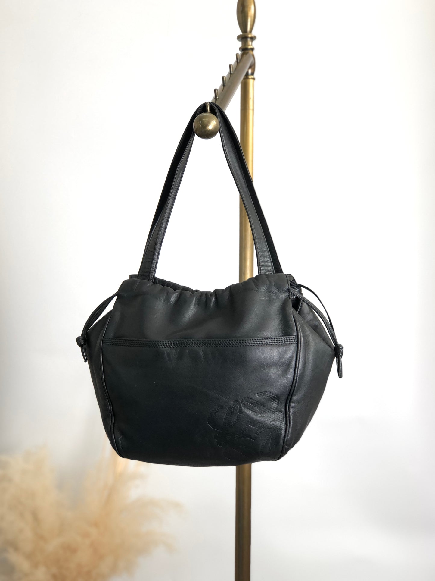 LOEWE Anagram Drawstring Handbag Black Vintage nggky5