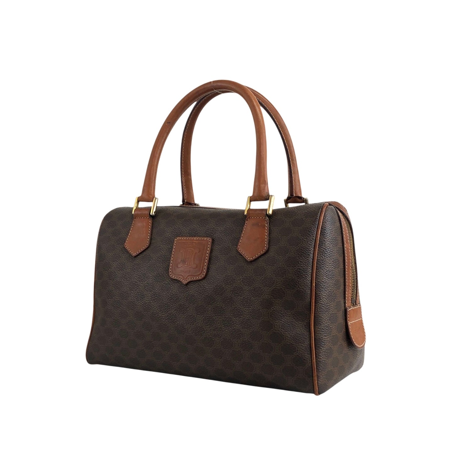 CELINE Macadam Blason Small Boston bag Handbag Brown Vintage akh2uk