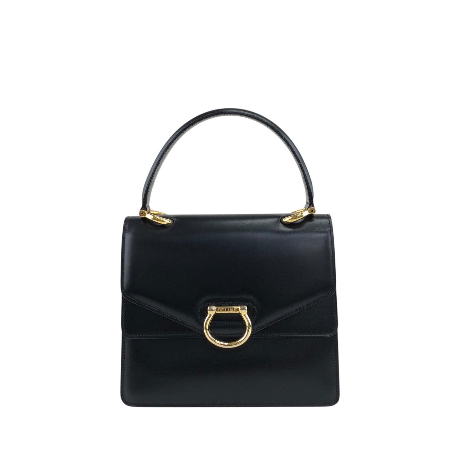 CELINE Horse Bit Double Flap Handbag Black Vintage istaf6