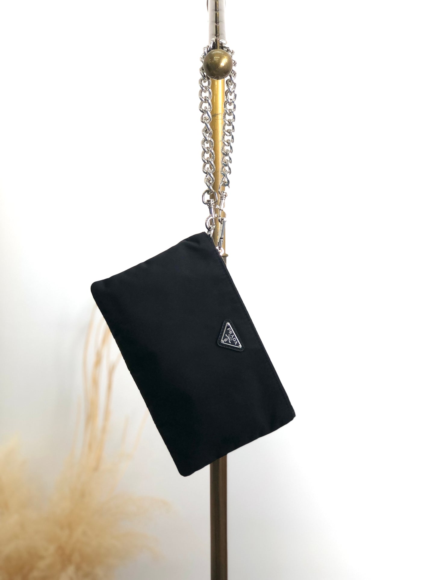 PRADA Triangle Logo Chain Small Handbag Pouch Black Vintage vhizxb