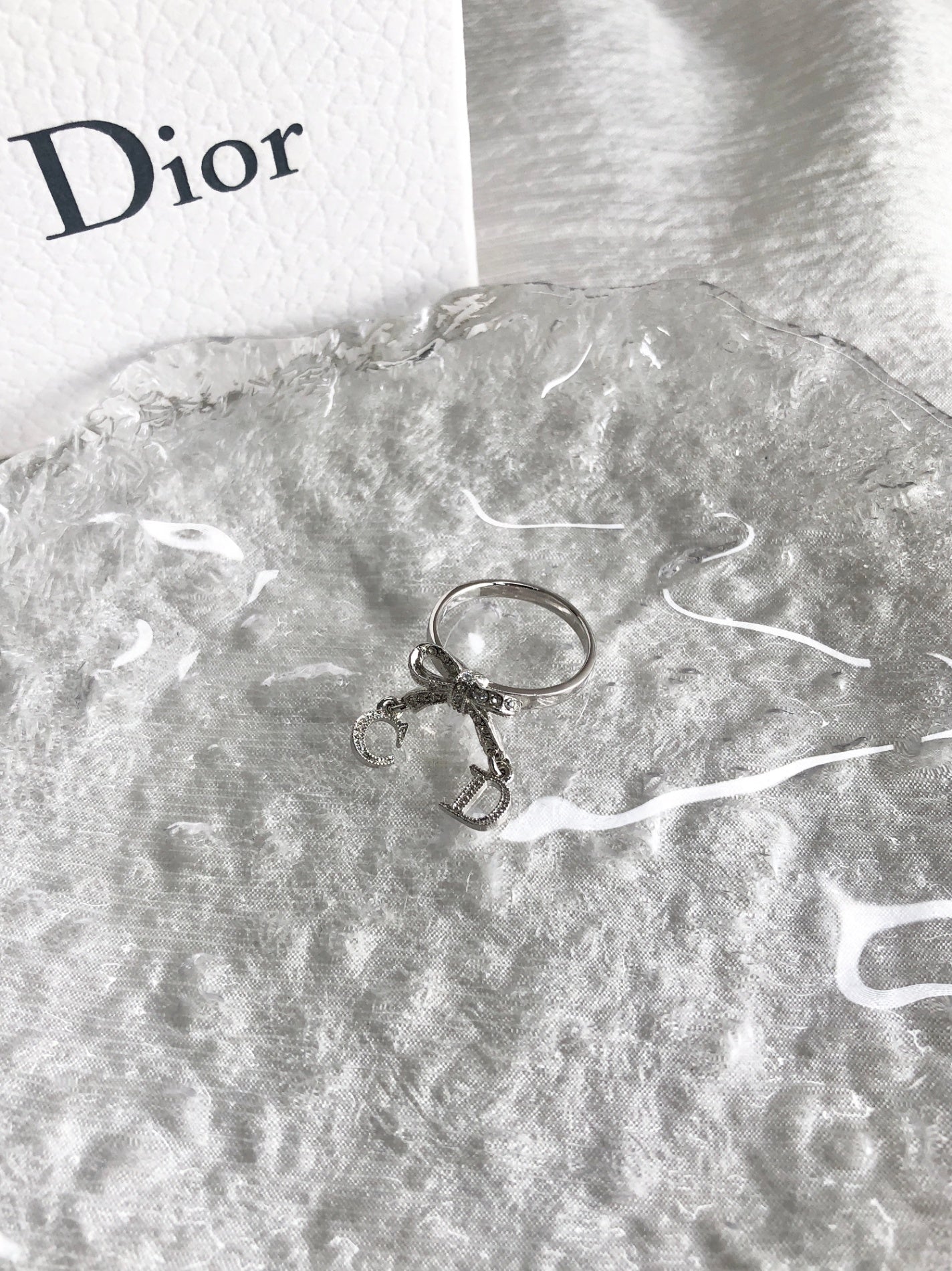 Christian Dior CD Logo Rhinestone Ribbon Motif Ring Silver Vintage
