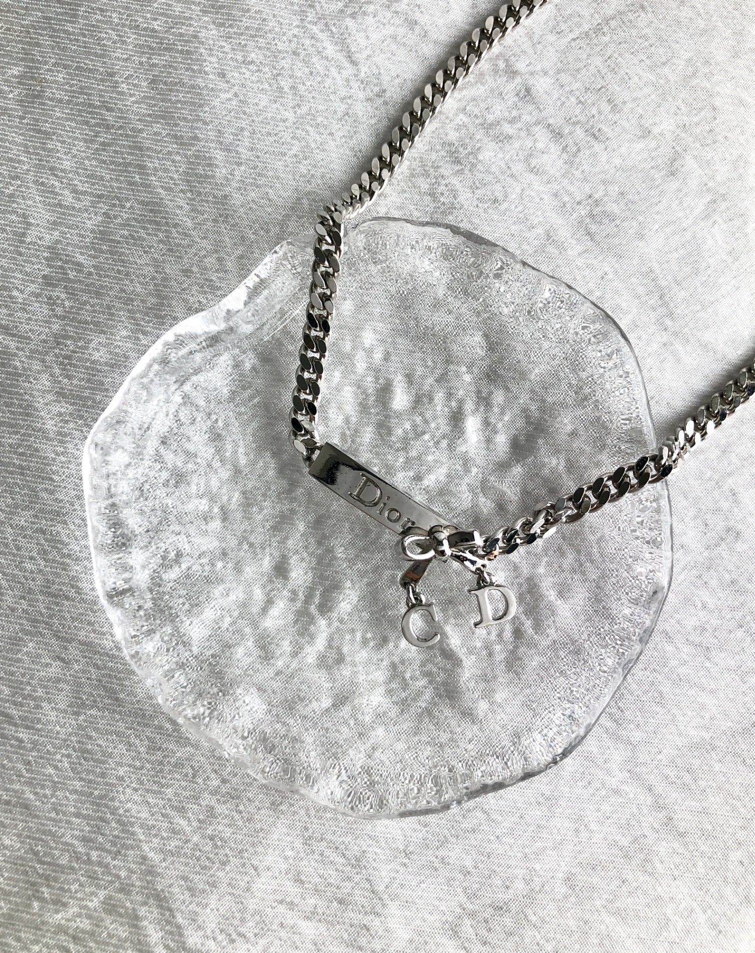 Christian Dior CD Logo Ribbon Motif Necklace Silver Vintage