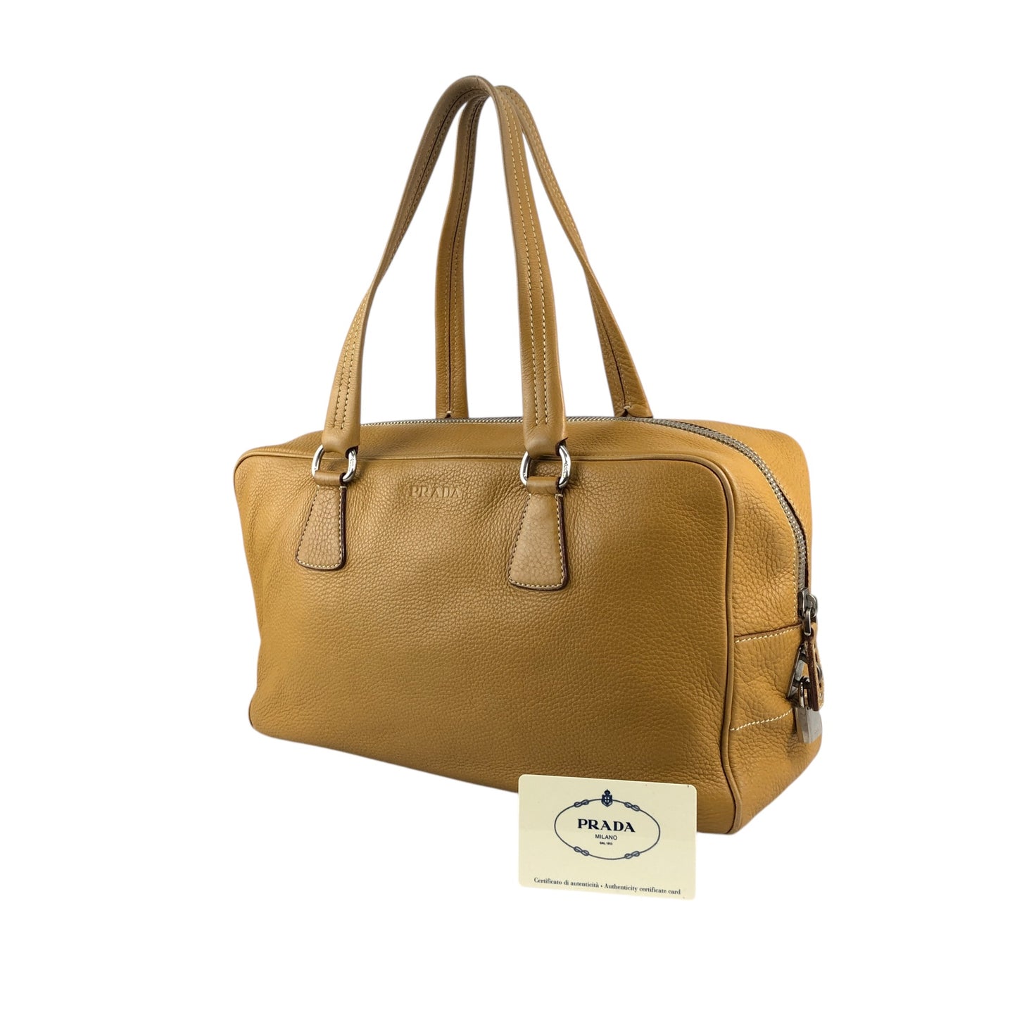 PRADALogo Embossed Small Boston bag Handbag Camel Vintage witjyy