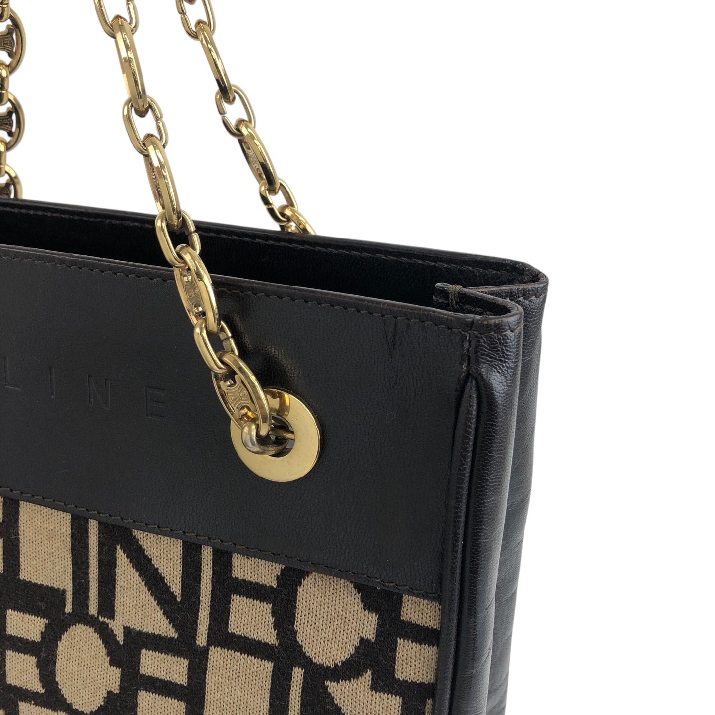 CELINE Logo Embroidery Chain Handbag Brown Vintage 88vc8f
