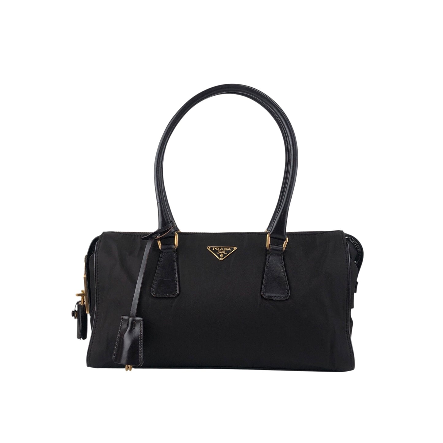 PRADA Tessuto Triangle Logo Small Boston bag Handbag Brown Vintage jaa3i4