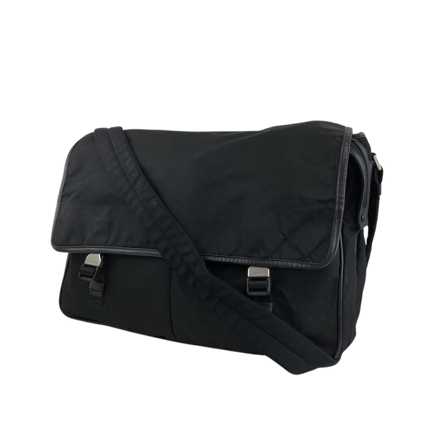 PRADA Tessuto Triangle Logo Front Buckle Shoulder bag Black Vintage n6kgte